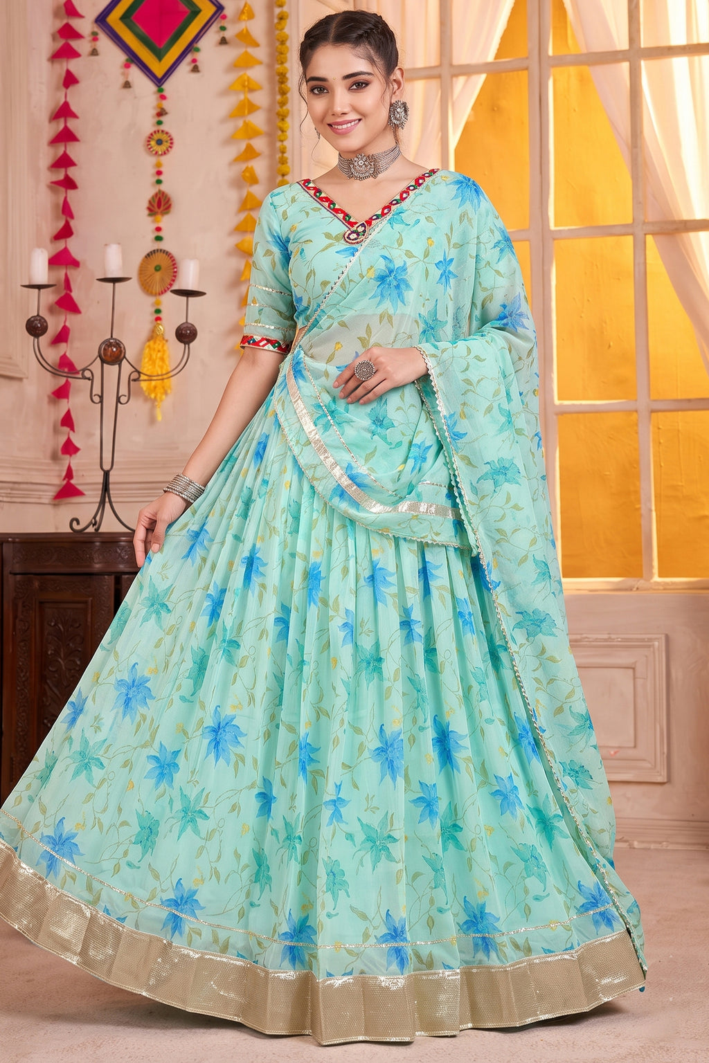 Sky Blue Cotton-Rayon Flared Lehenga with Royal Blue Lily Print & Gold Border