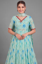 Sky Blue Cotton-Rayon Flared Lehenga with Royal Blue Lily Print & Gold Border