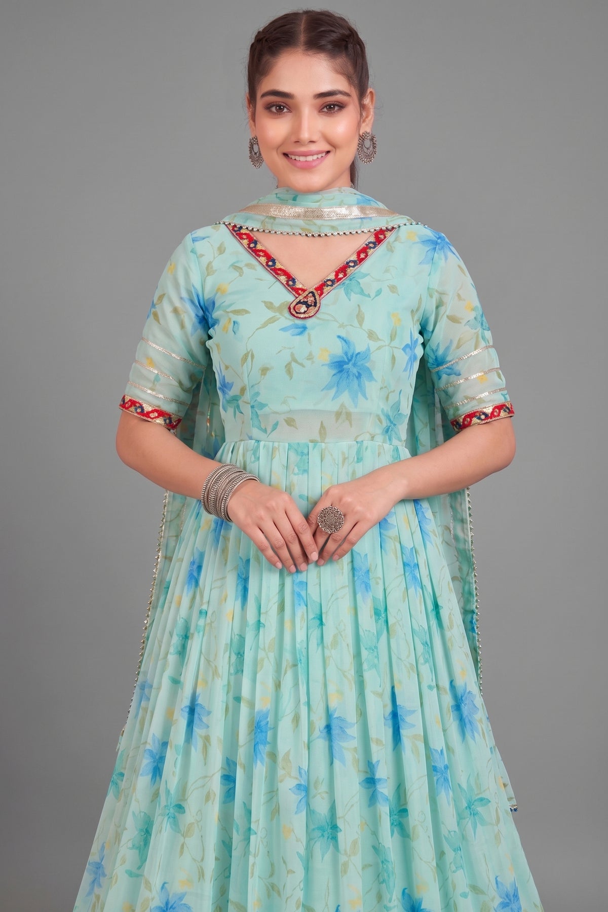 Sky Blue Cotton-Rayon Flared Lehenga with Royal Blue Lily Print & Gold Border