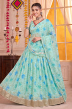 Sky Blue Cotton-Rayon Flared Lehenga with Royal Blue Lily Print & Gold Border