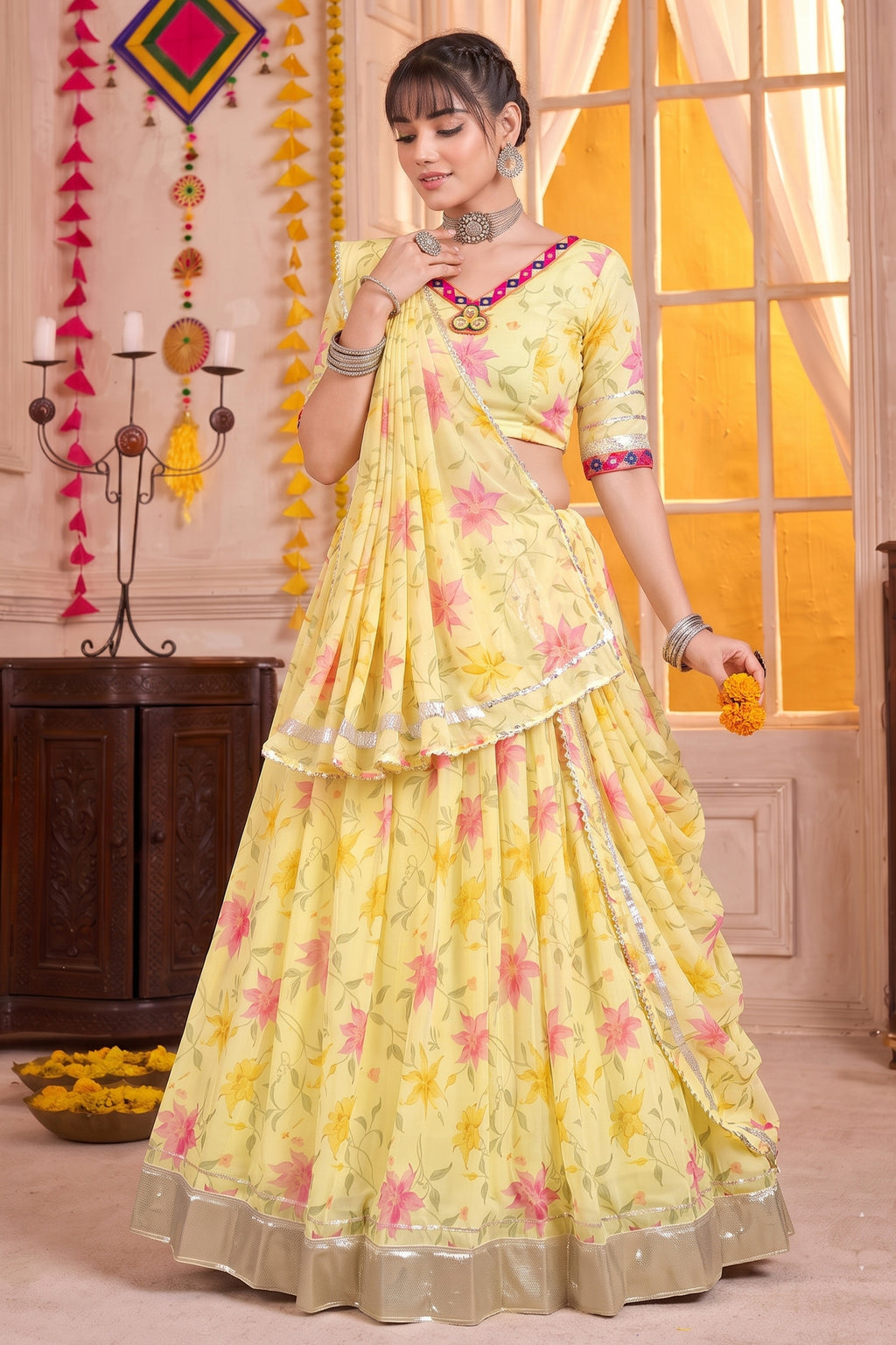 Pastel Yellow Printed Lehenga Choli