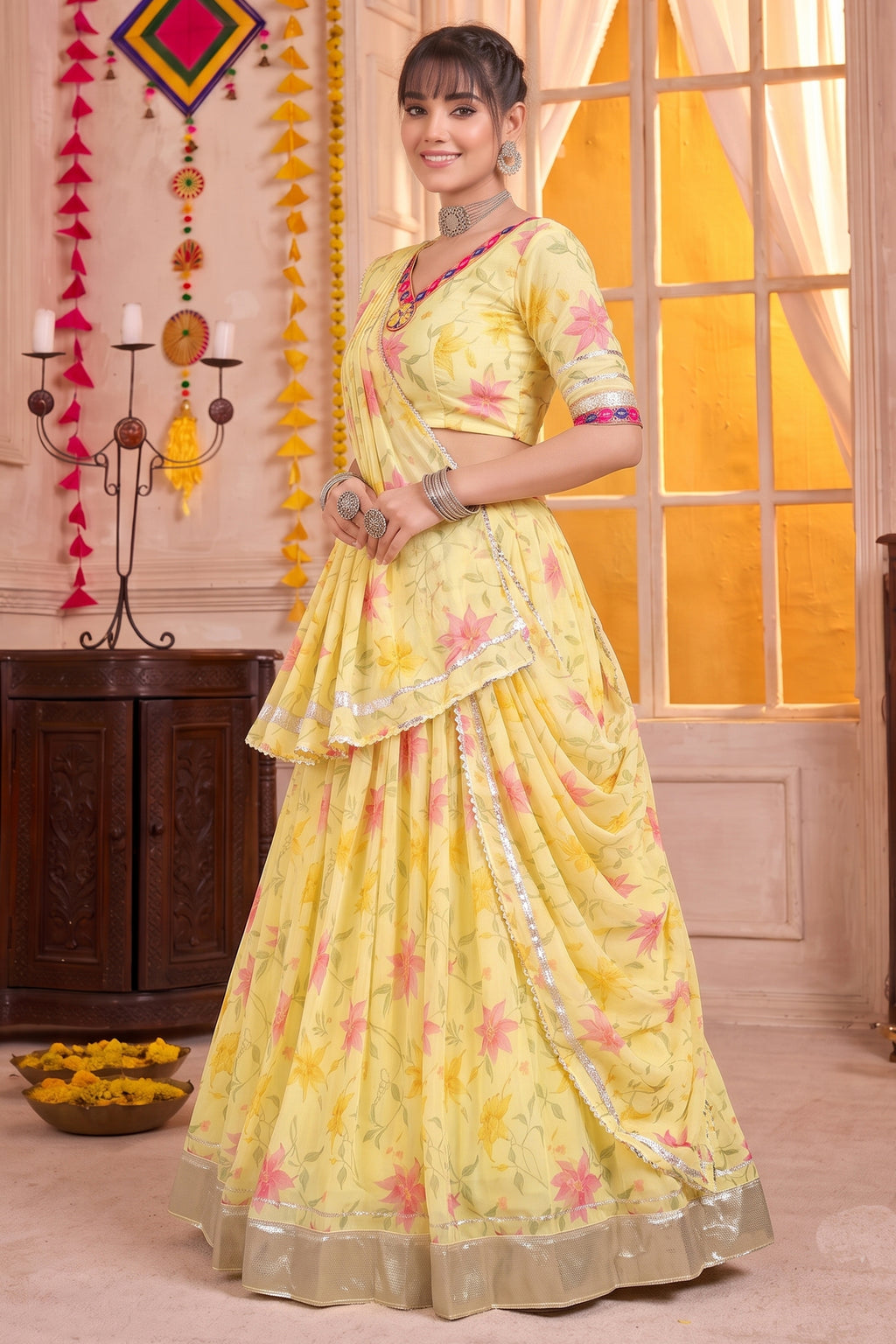 Pastel Yellow Printed Lehenga Choli