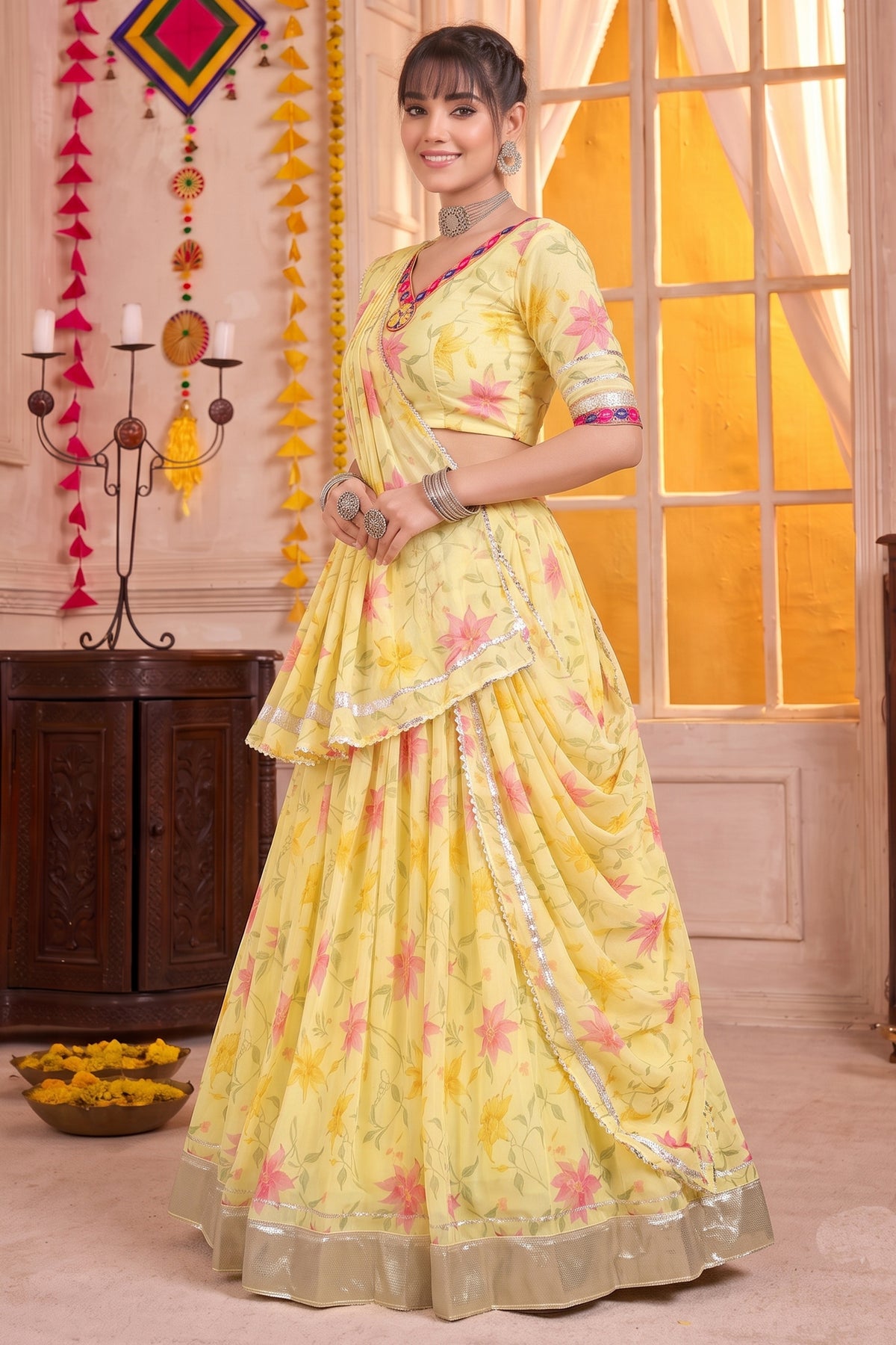 Pastel Yellow Printed Lehenga Choli