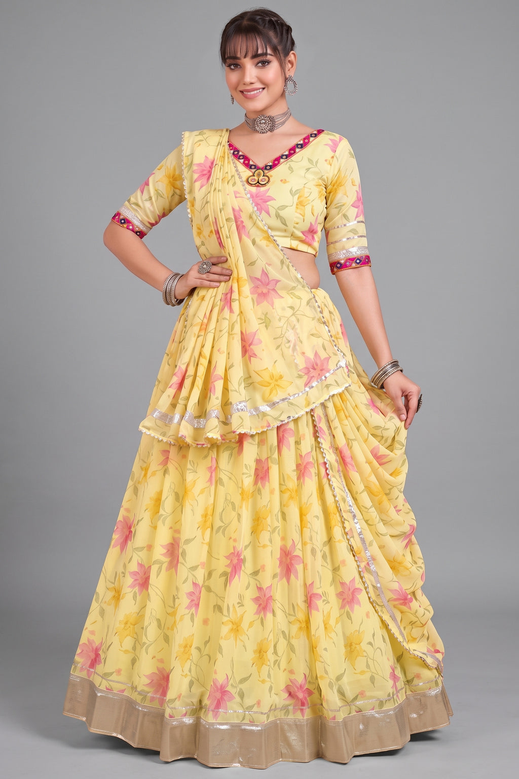 Pastel Yellow Printed Lehenga Choli