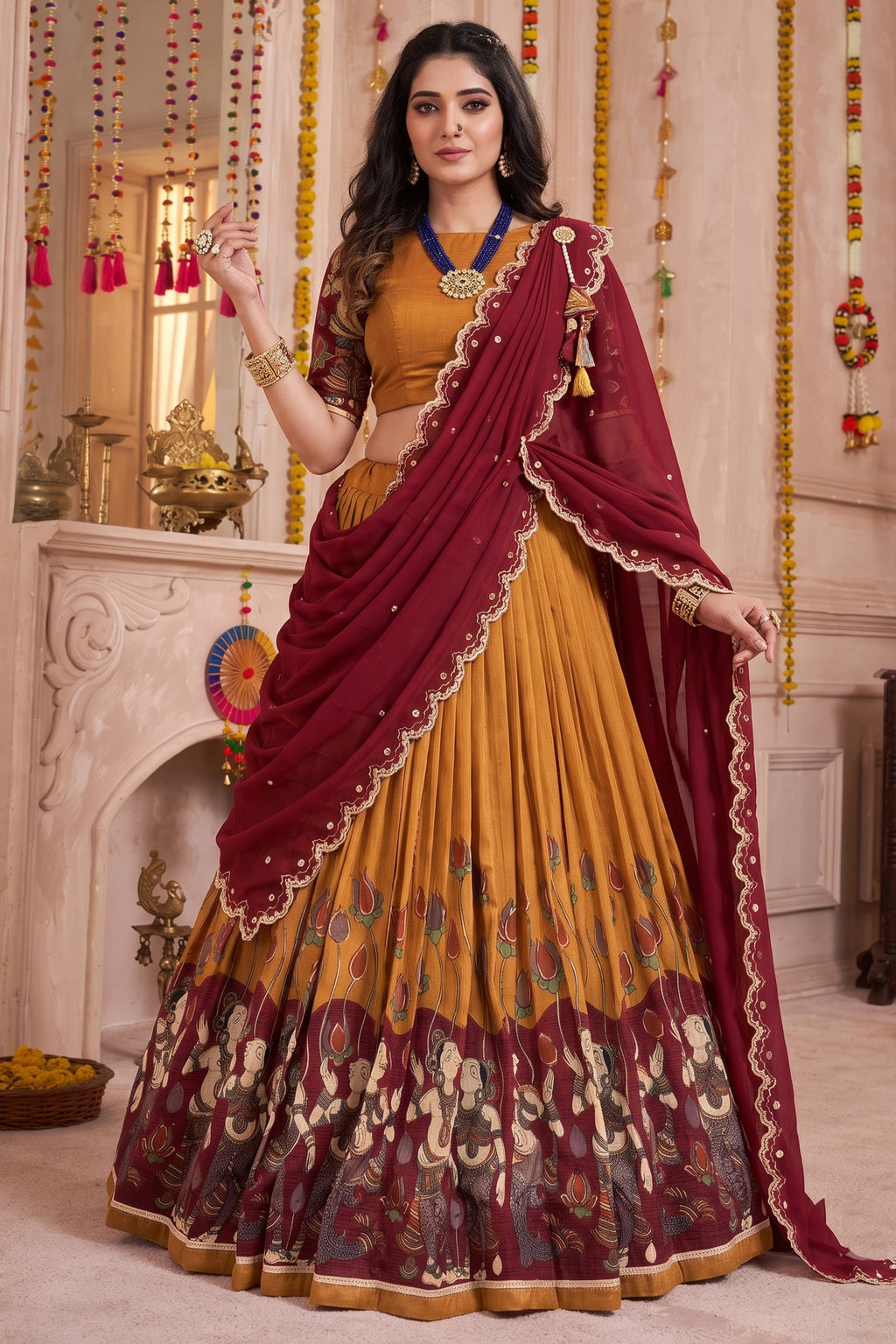 Mustard Tussar Silk Kalamkari Printed Lehenga