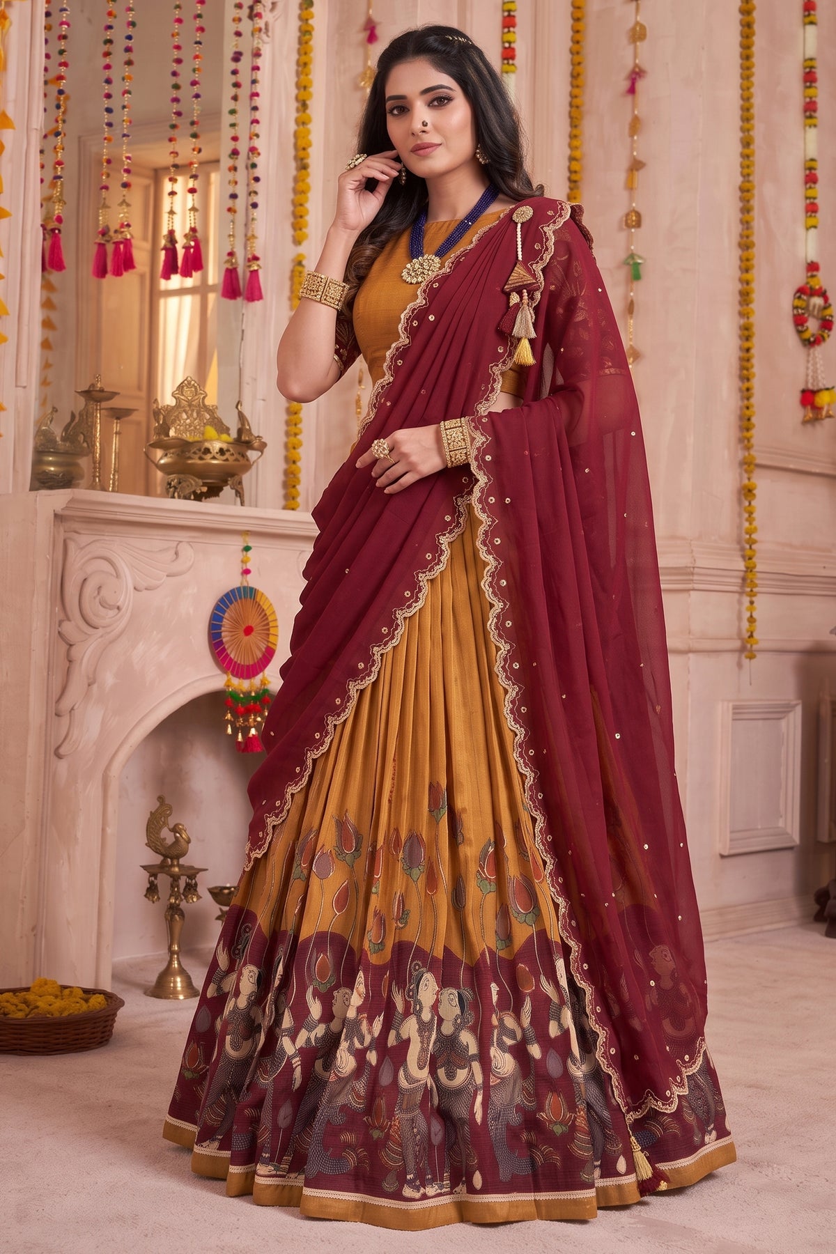 Mustard Tussar Silk Kalamkari Printed Lehenga