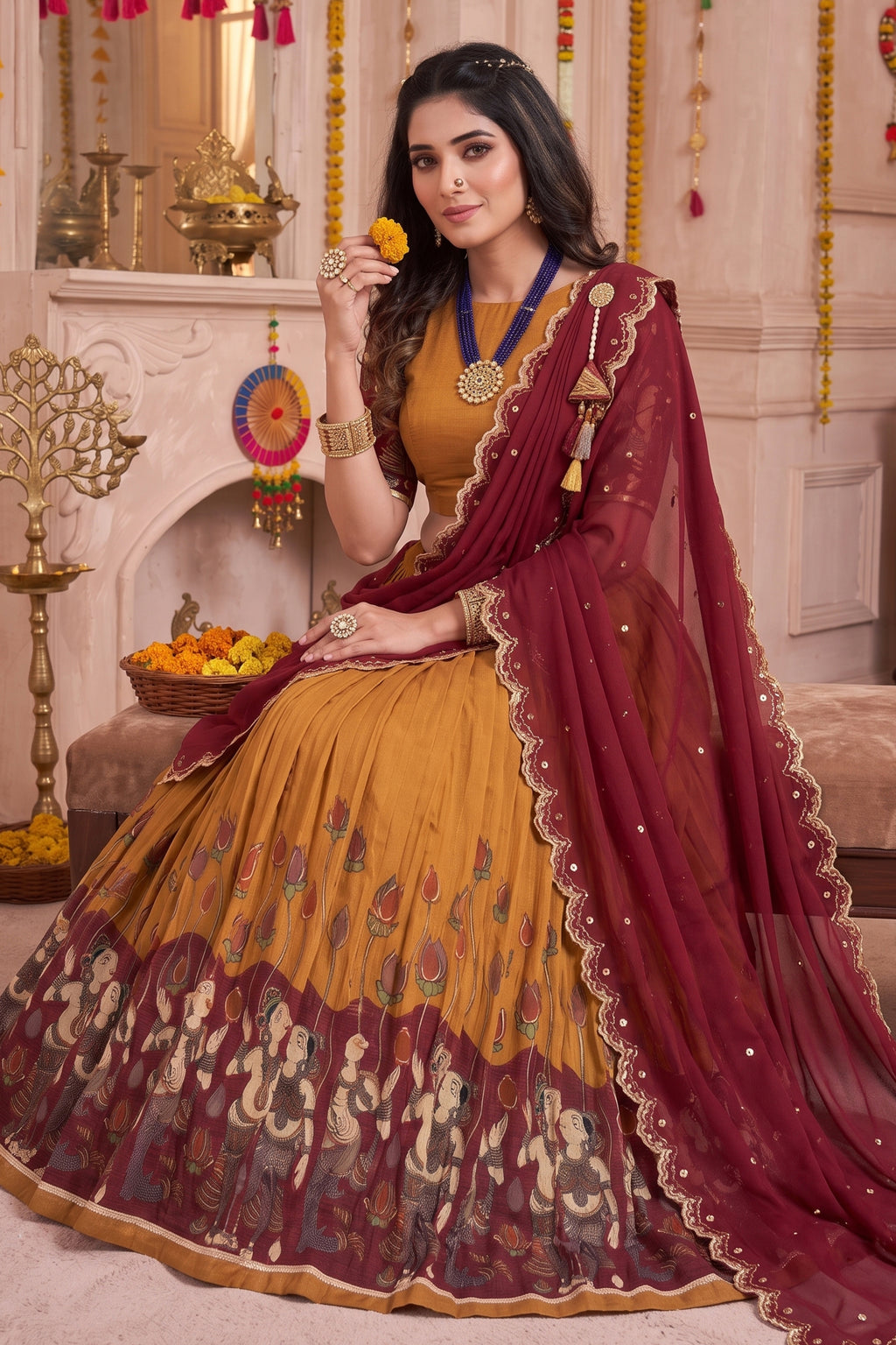 Mustard Tussar Silk Kalamkari Printed Lehenga