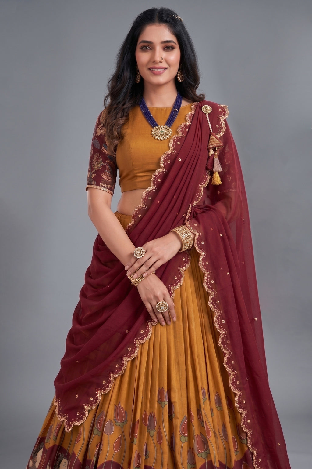 Mustard Tussar Silk Kalamkari Printed Lehenga