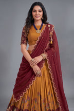 Mustard Tussar Silk Kalamkari Printed Lehenga