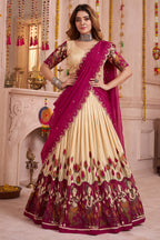 Off White Tussar Silk Kalamkari Printed Lehenga