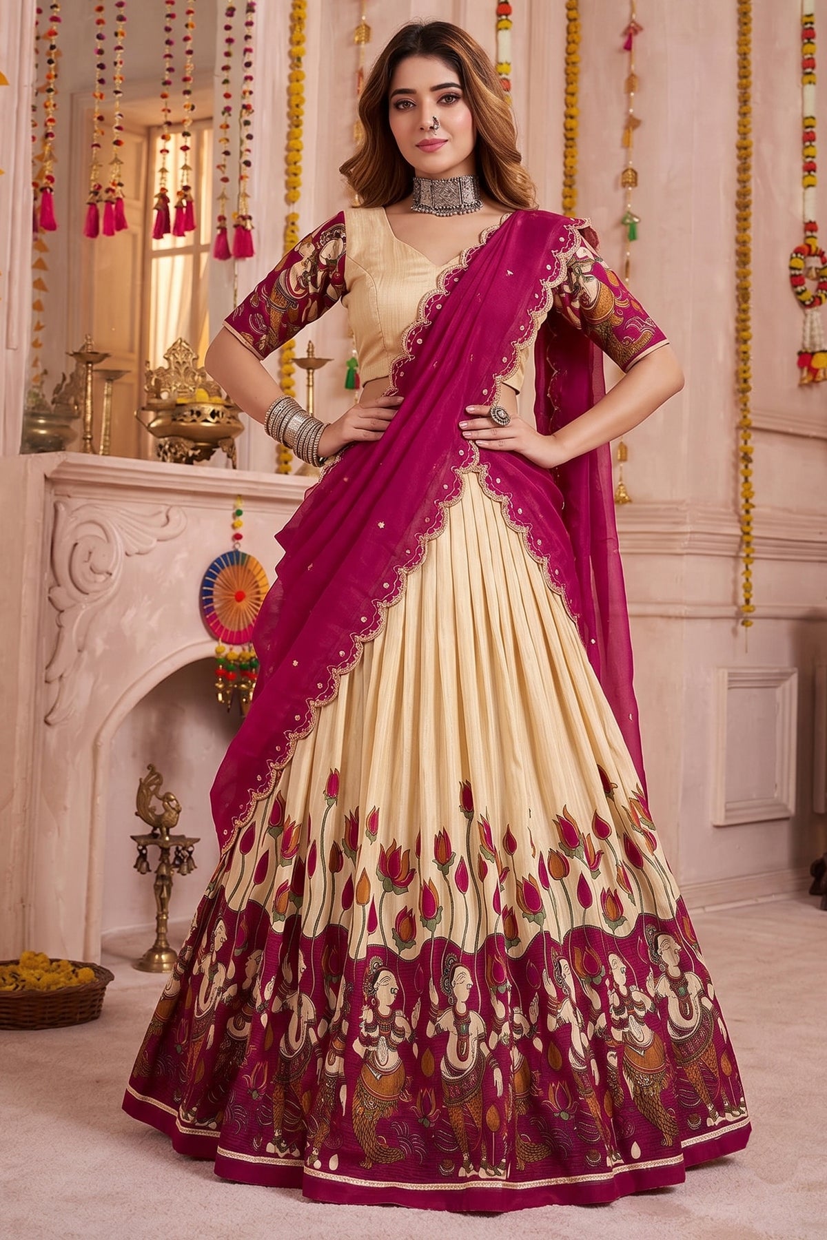 Off White Tussar Silk Kalamkari Printed Lehenga
