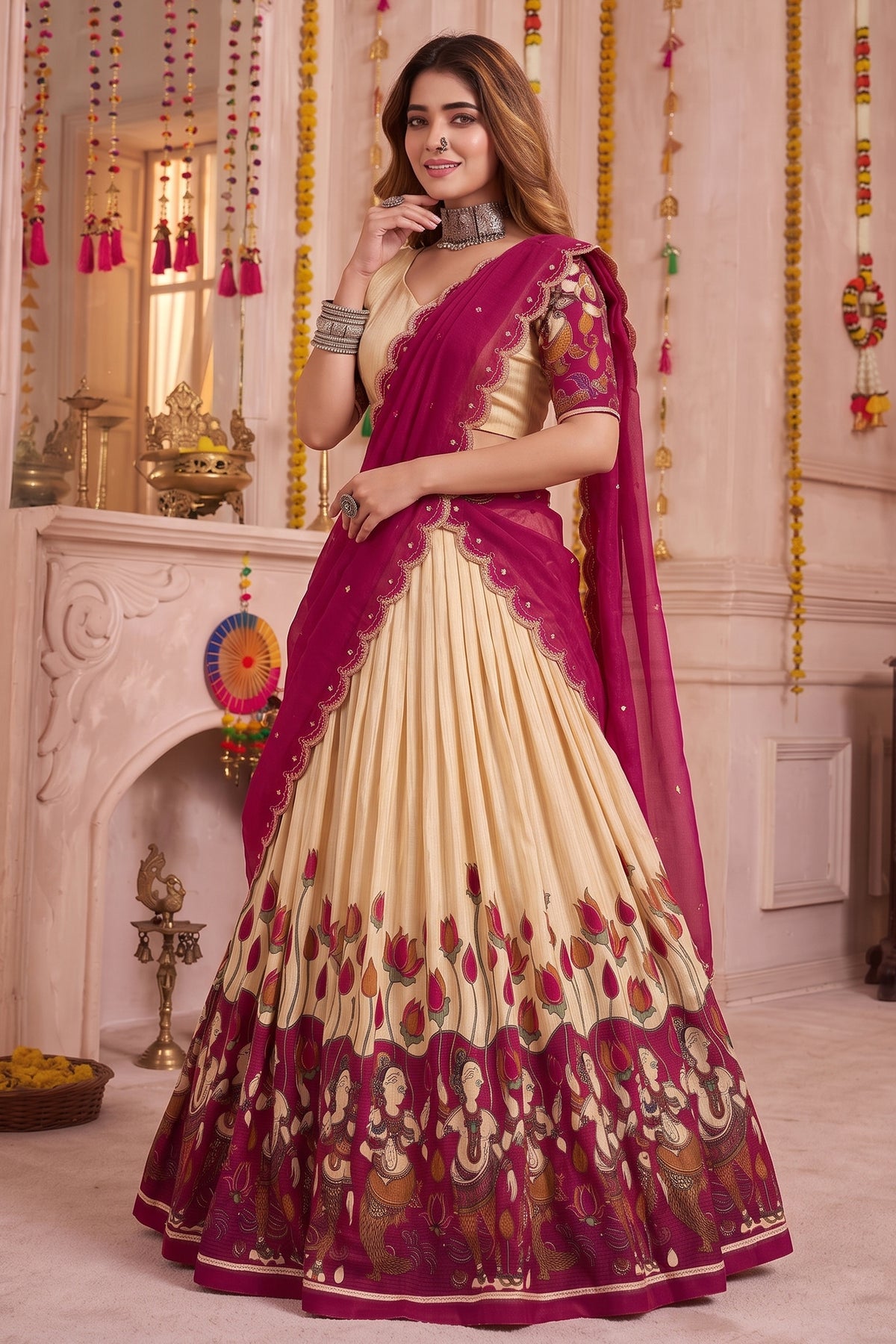 Off White Tussar Silk Kalamkari Printed Lehenga
