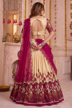 Off White Tussar Silk Kalamkari Printed Lehenga