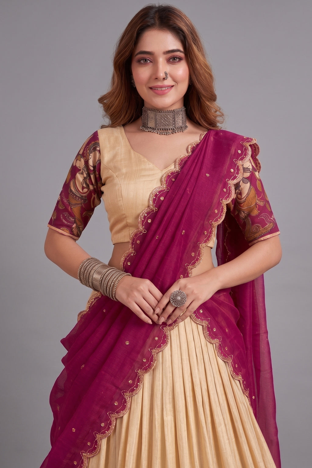 Off White Tussar Silk Kalamkari Printed Lehenga