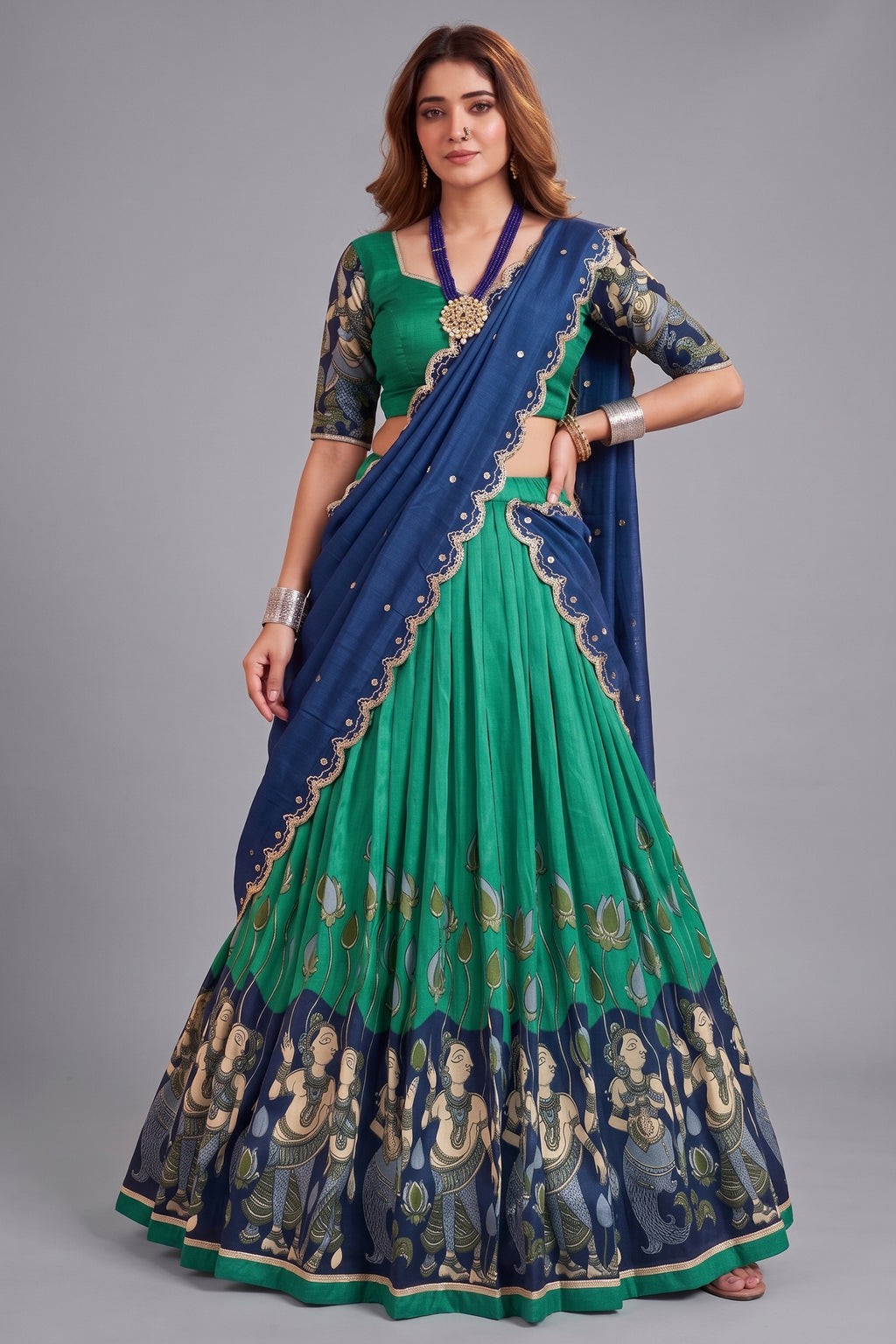 Rama Green Tussar Silk Kalamkari Printed Lehenga