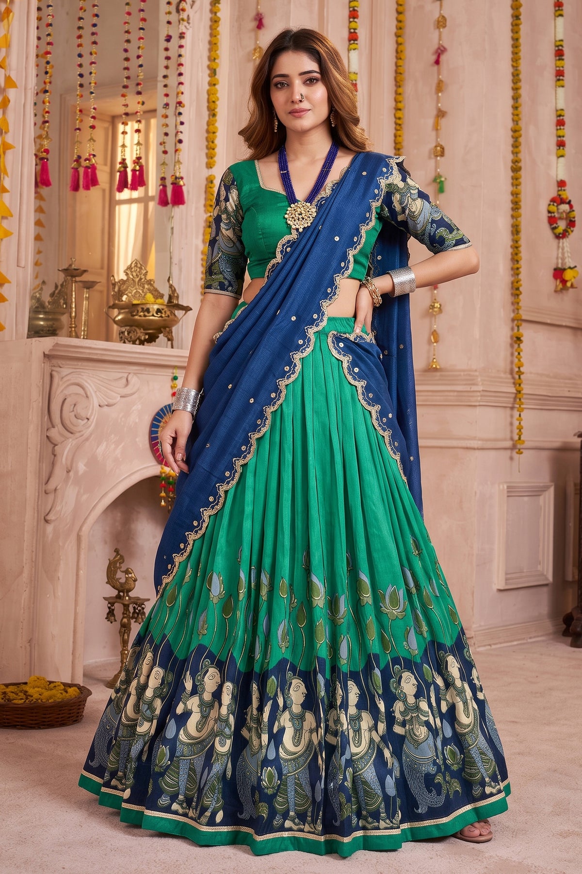 Rama Green Tussar Silk Kalamkari Printed Lehenga