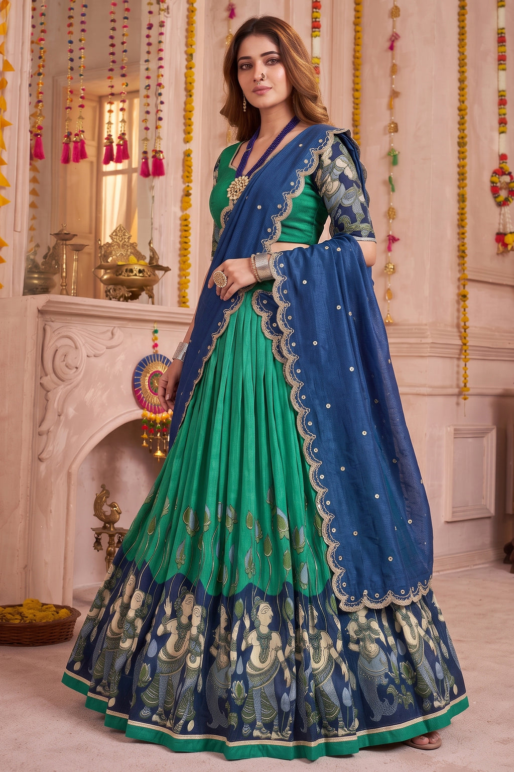 Rama Green Tussar Silk Kalamkari Printed Lehenga