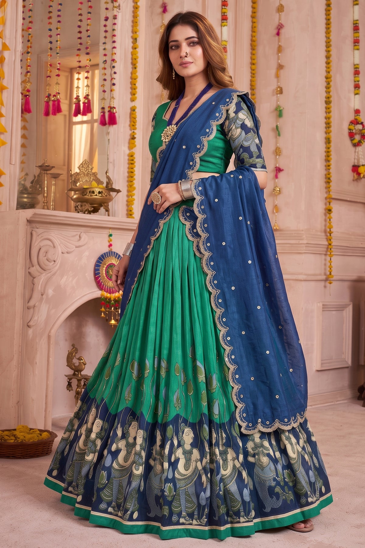 Rama Green Tussar Silk Kalamkari Printed Lehenga