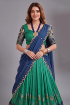 Rama Green Tussar Silk Kalamkari Printed Lehenga