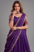 Purple Tussar Silk Kalamkari Printed Lehenga