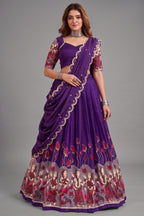 Purple Tussar Silk Kalamkari Printed Lehenga