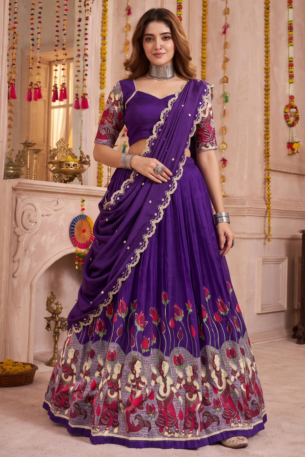Purple Tussar Silk Kalamkari Printed Lehenga