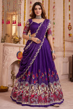 Purple Tussar Silk Kalamkari Printed Lehenga