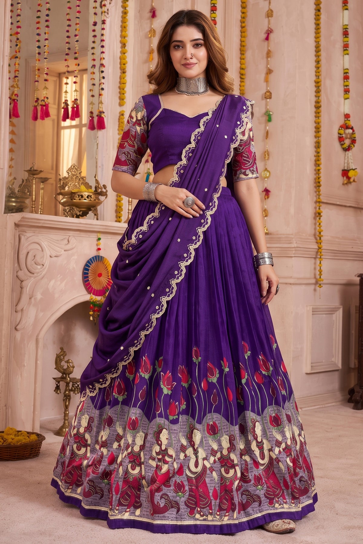 Purple Tussar Silk Kalamkari Printed Lehenga
