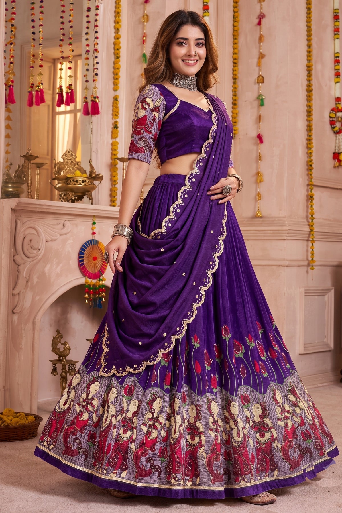 Purple Tussar Silk Kalamkari Printed Lehenga