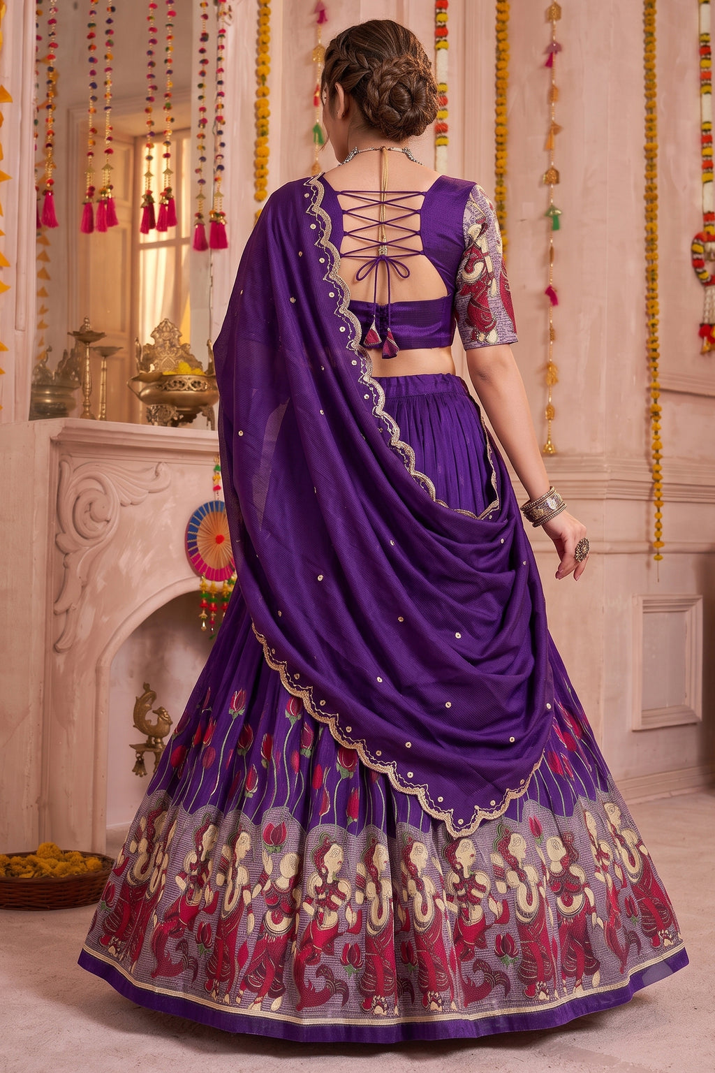 Purple Tussar Silk Kalamkari Printed Lehenga