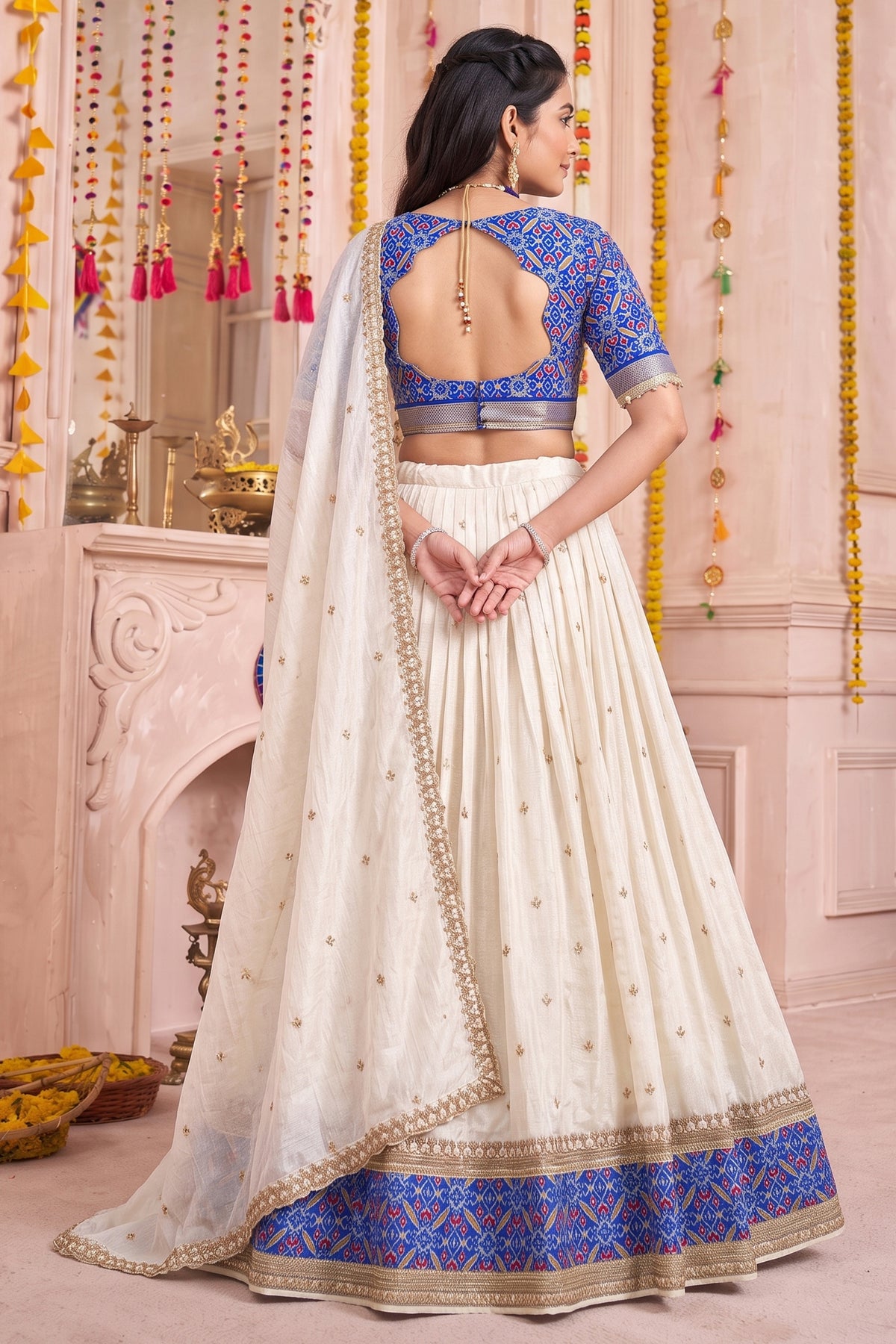 Off White Tussar Silk Lehenga with Patola Border