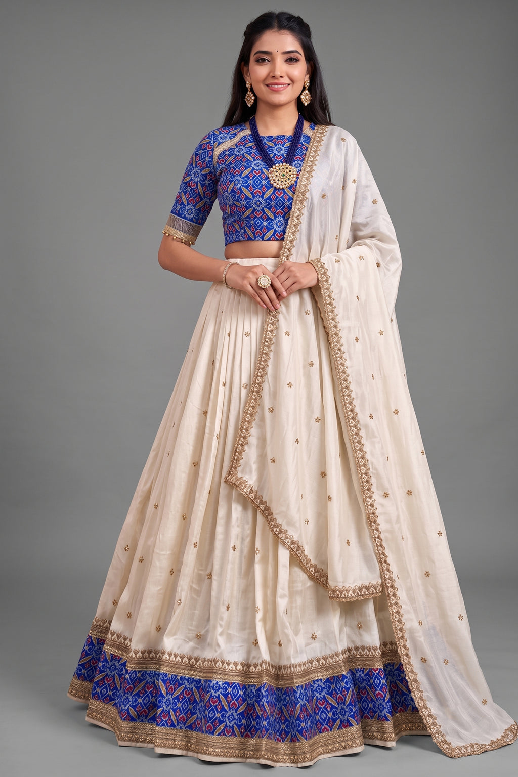 Off White Tussar Silk Lehenga with Patola Border