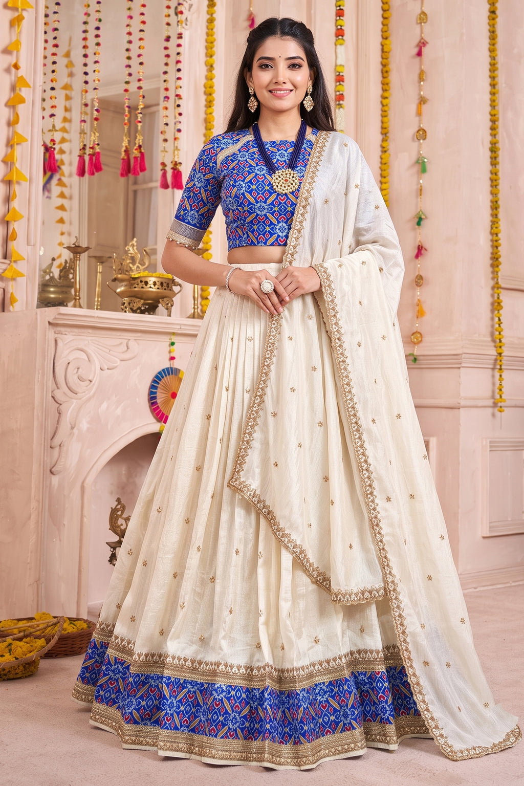 Off White Tussar Silk Lehenga with Patola Border
