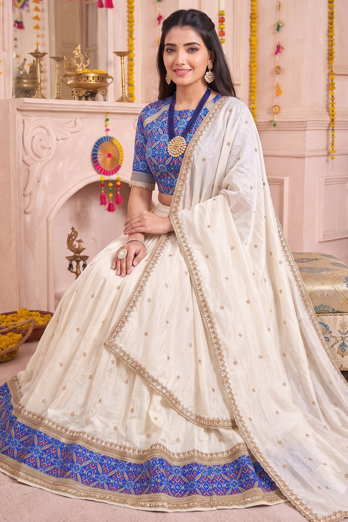 Off White Tussar Silk Lehenga with Patola Border