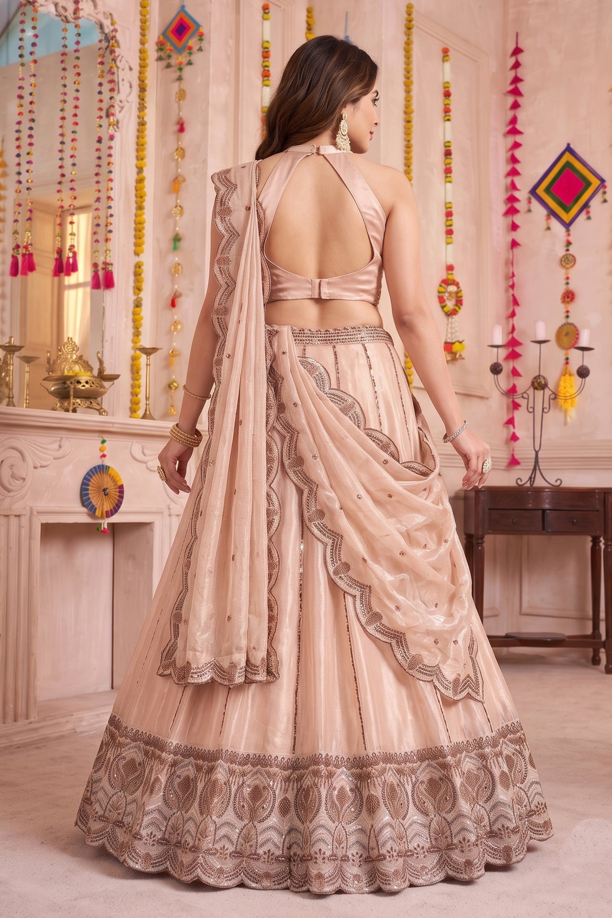 Cream Crush Silk Embroidered Lehenga