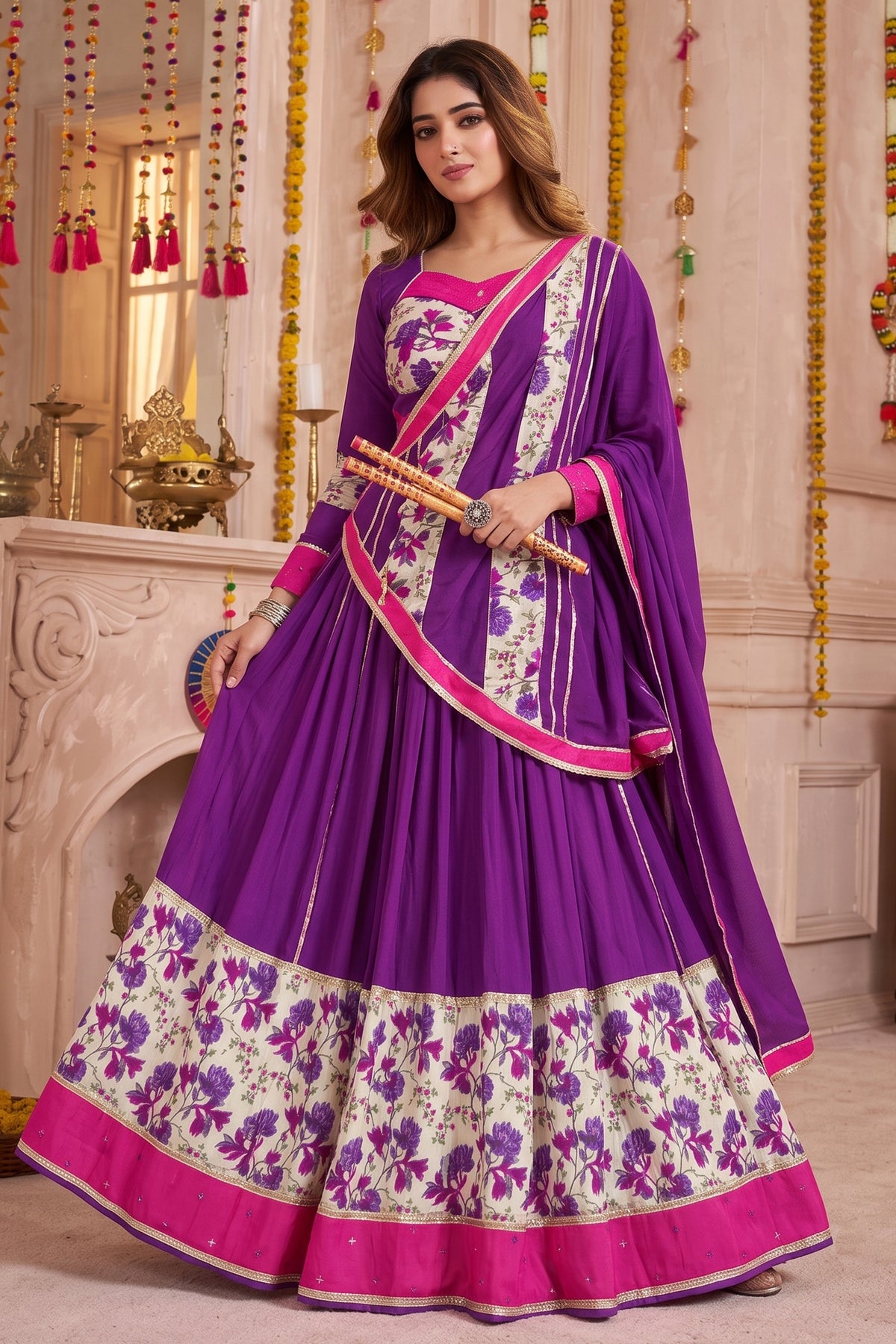 Purple Rayon Floral Printed Lehenga