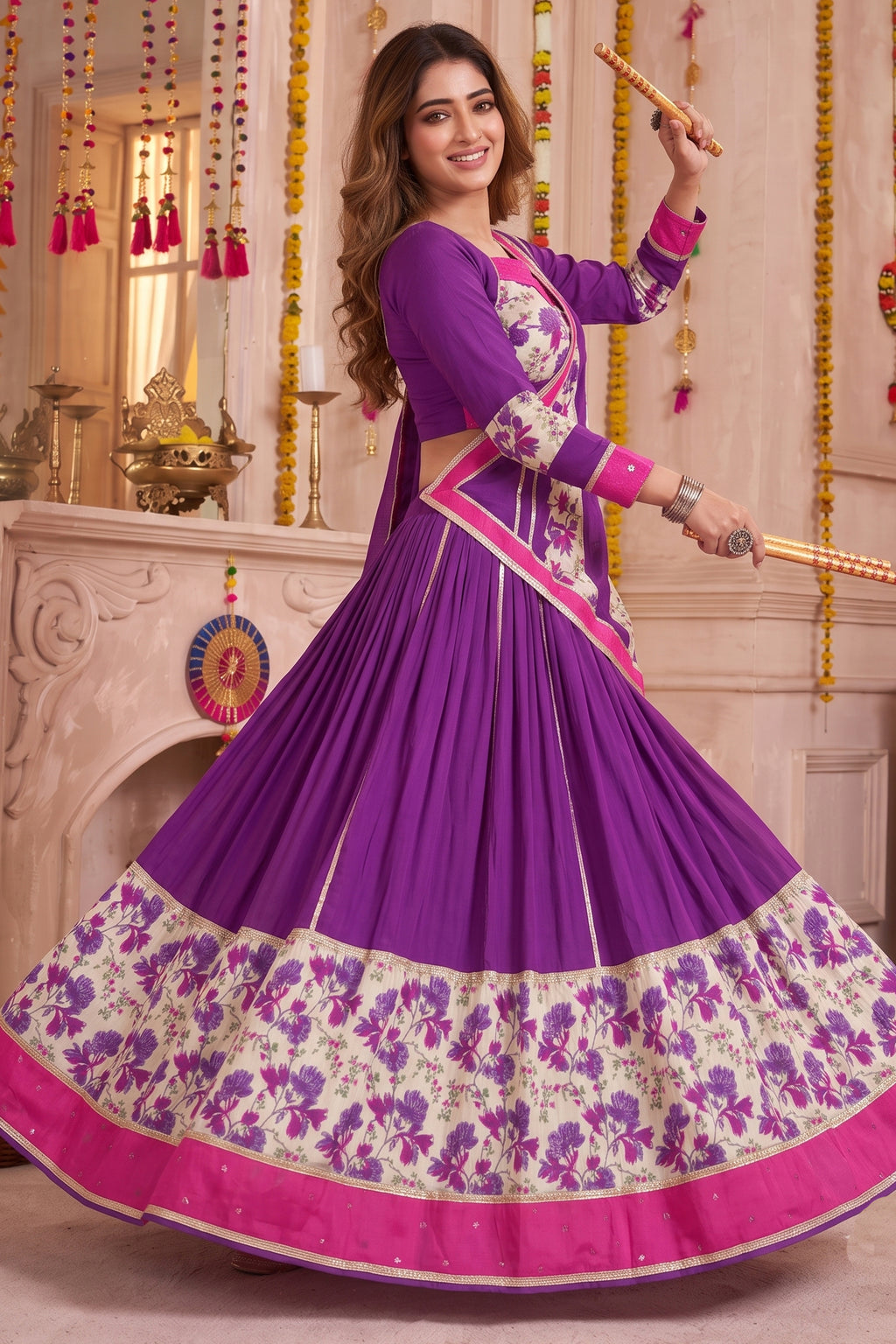 Purple Rayon Floral Printed Lehenga