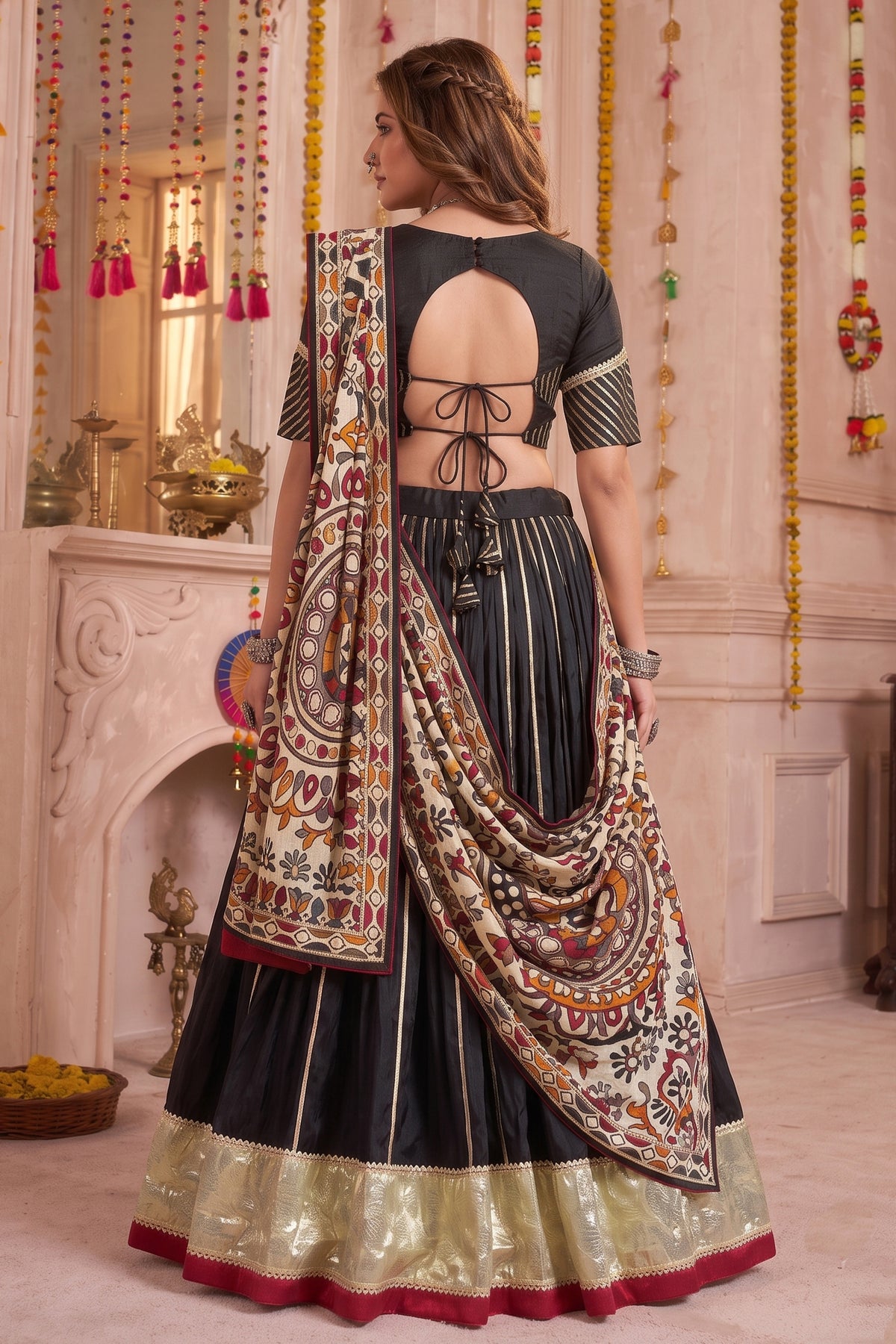 Black Chanderi Gota Patti Lehenga with Printed Dupatta