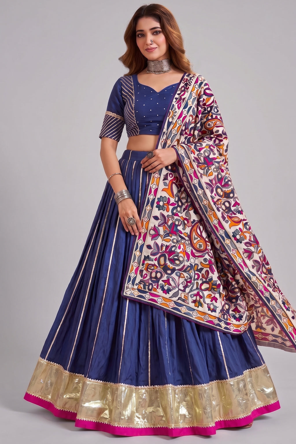 Blue Chanderi Gota Patti Lehenga with Printed Dupatta