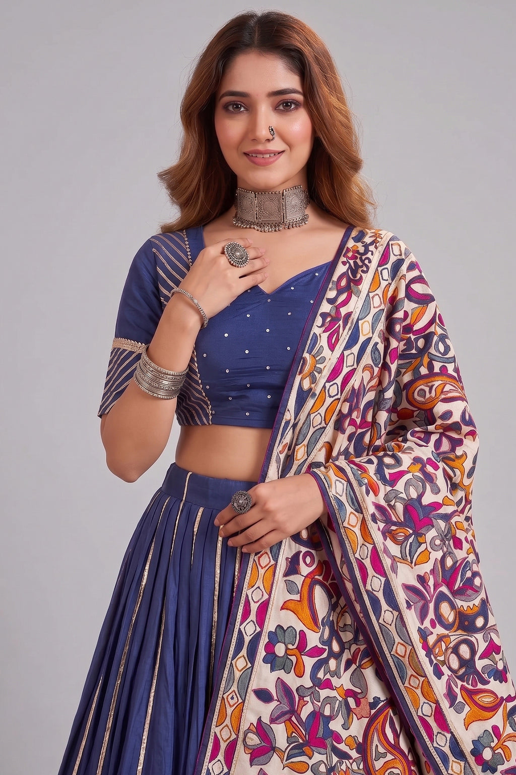 Blue Chanderi Gota Patti Lehenga with Printed Dupatta