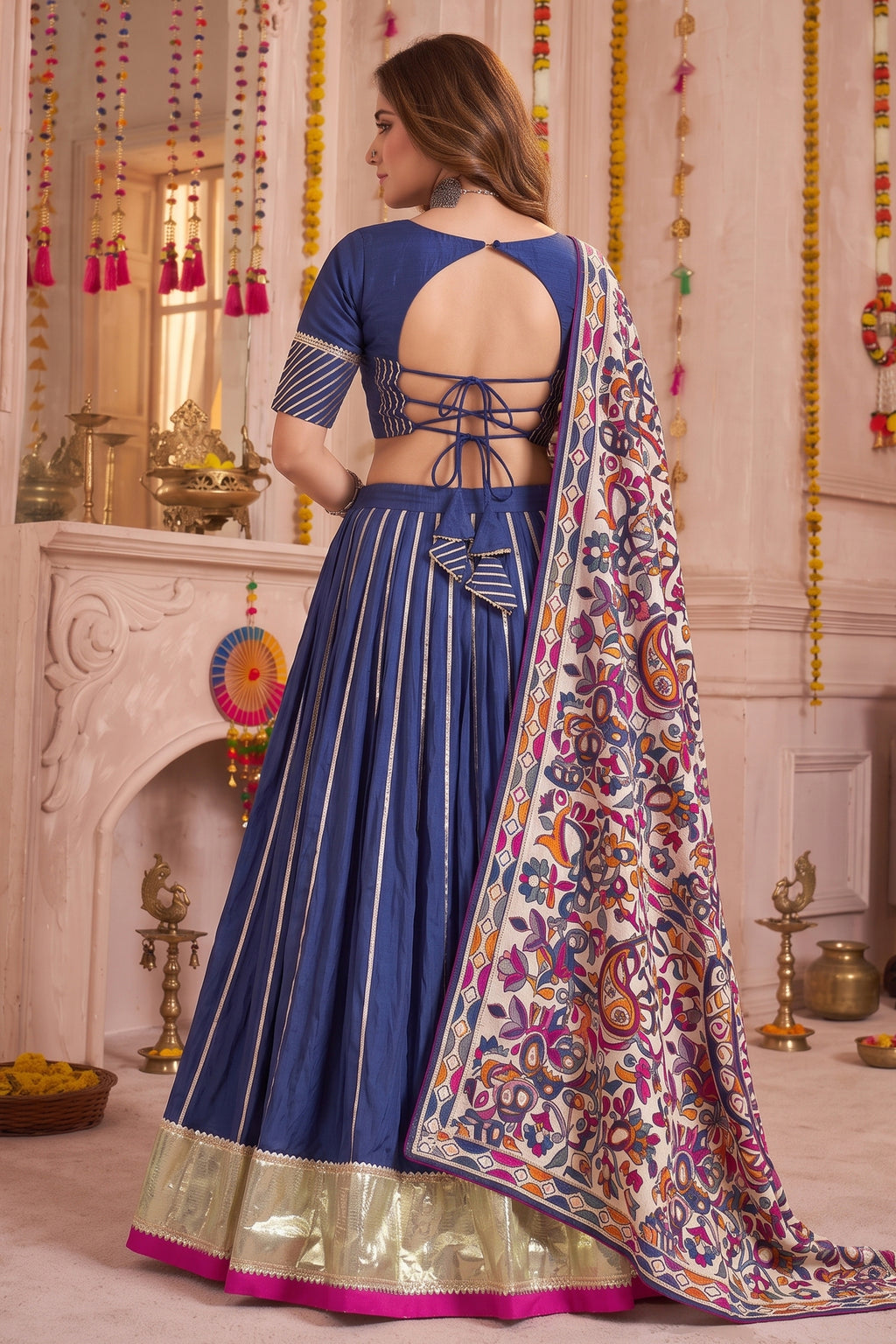 Blue Chanderi Gota Patti Lehenga with Printed Dupatta