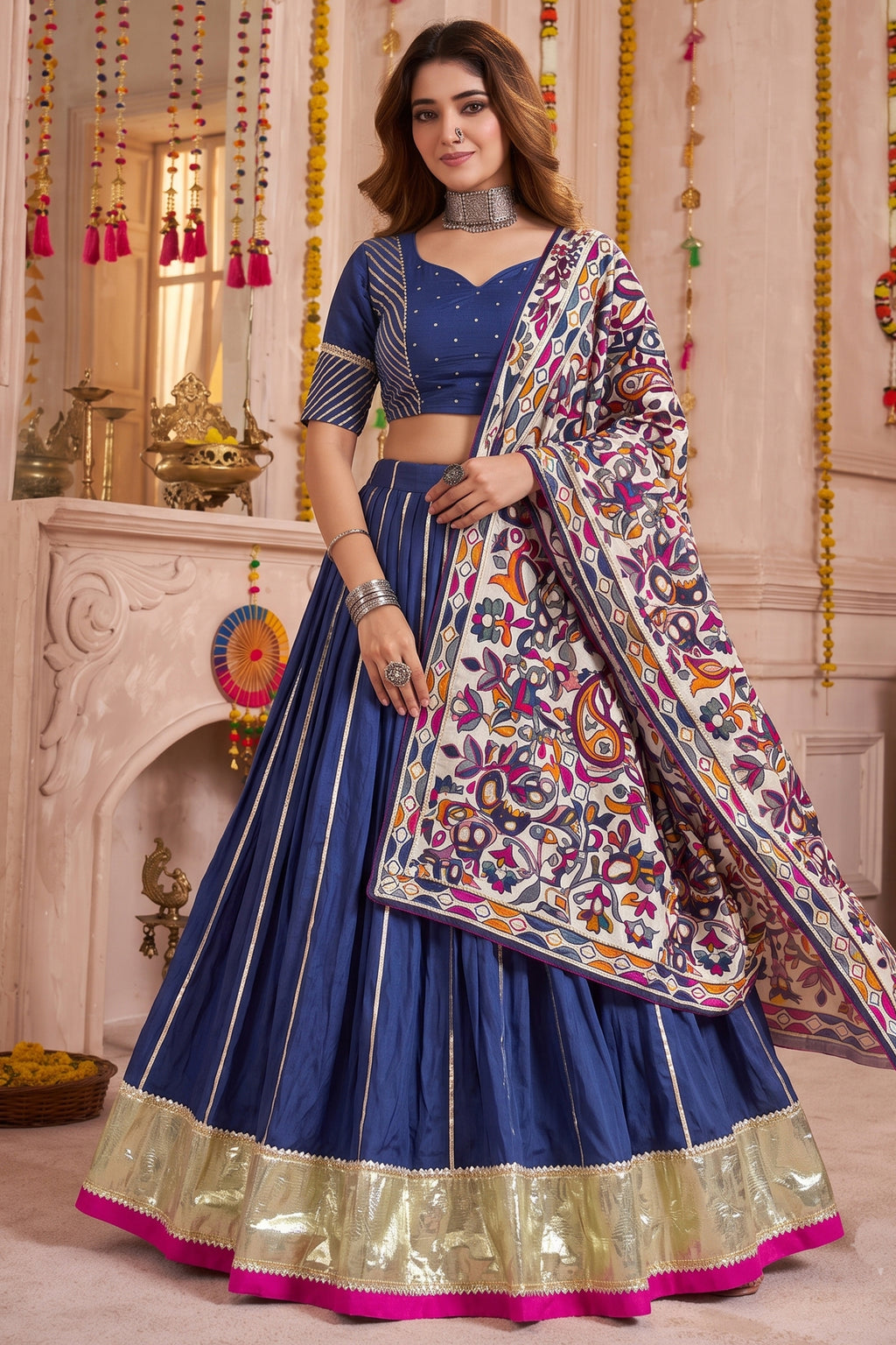 Blue Chanderi Gota Patti Lehenga with Printed Dupatta