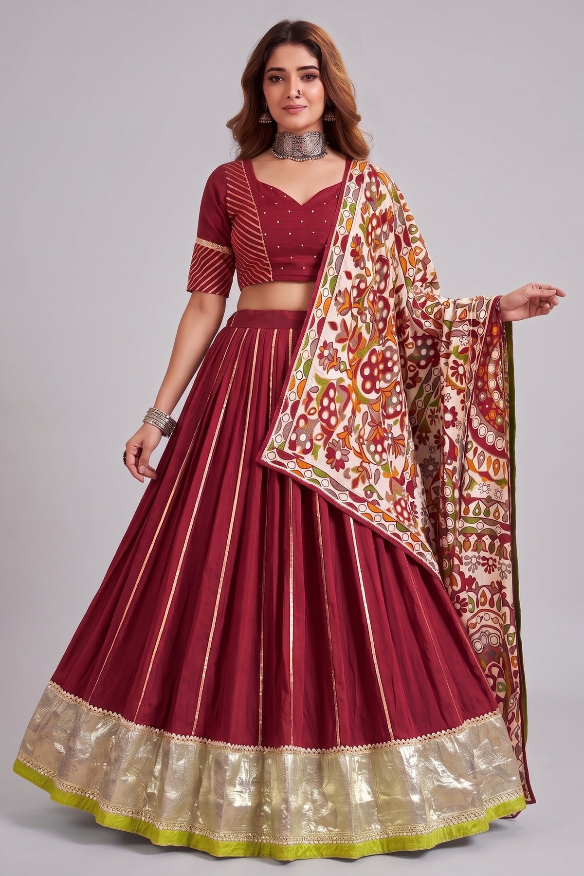 Maroon Chanderi Gota Patti Lehenga with Printed Dupatta