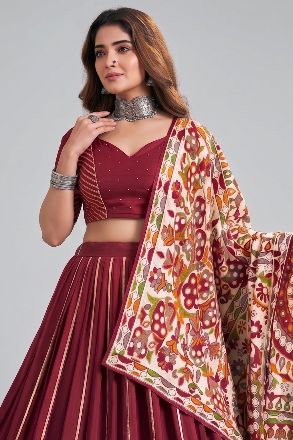Maroon Chanderi Gota Patti Lehenga with Printed Dupatta