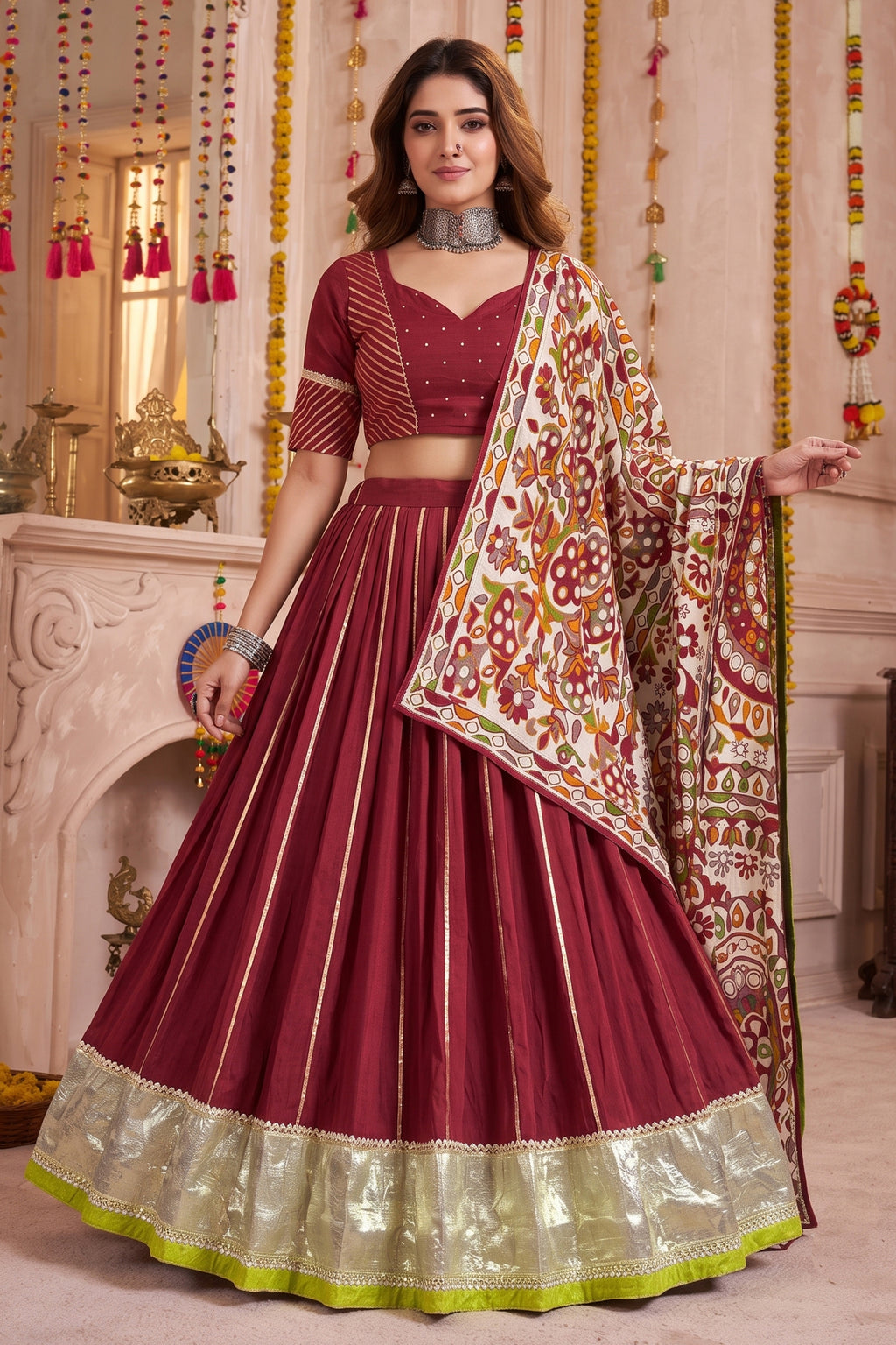 Maroon Chanderi Gota Patti Lehenga with Printed Dupatta