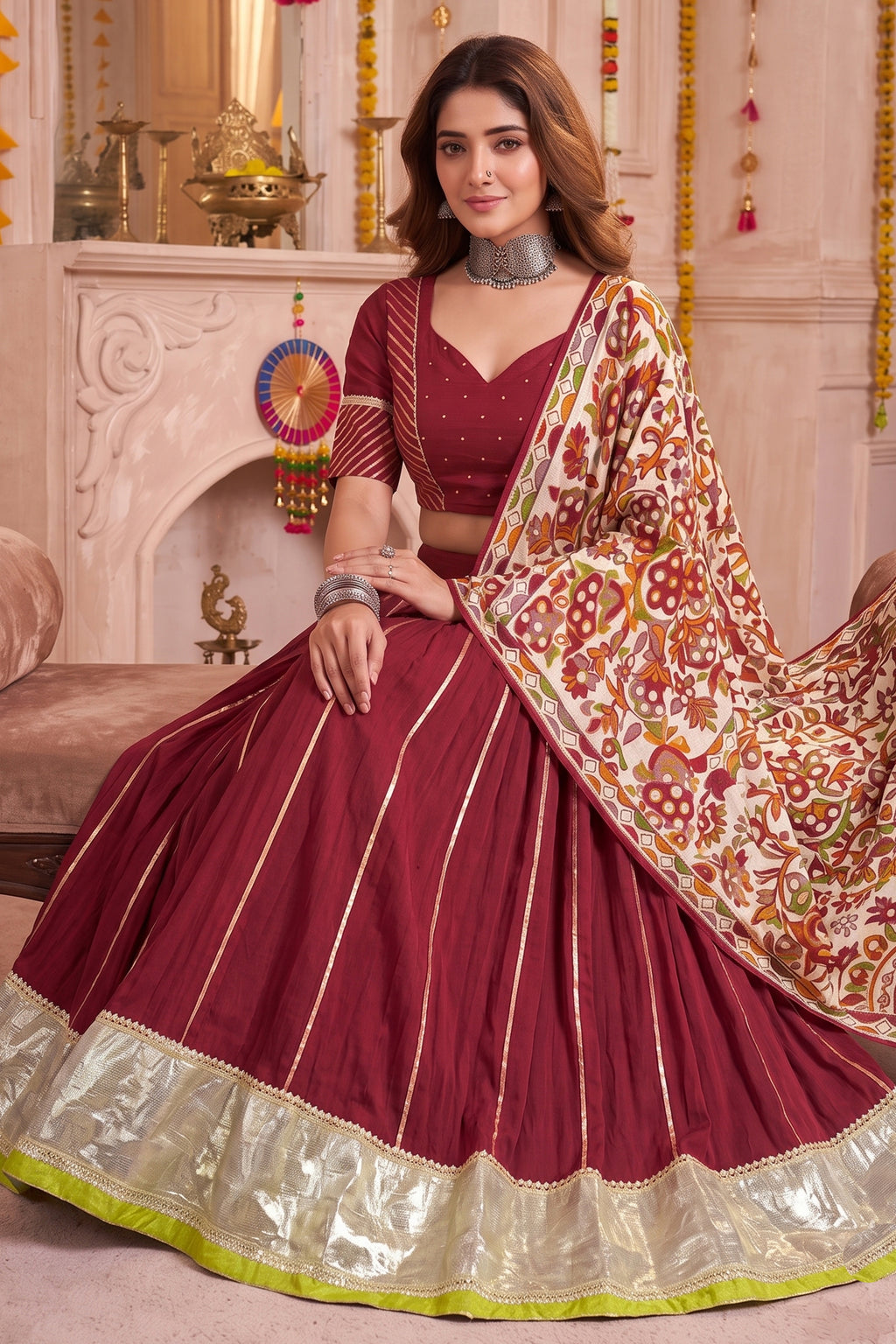 Maroon Chanderi Gota Patti Lehenga with Printed Dupatta
