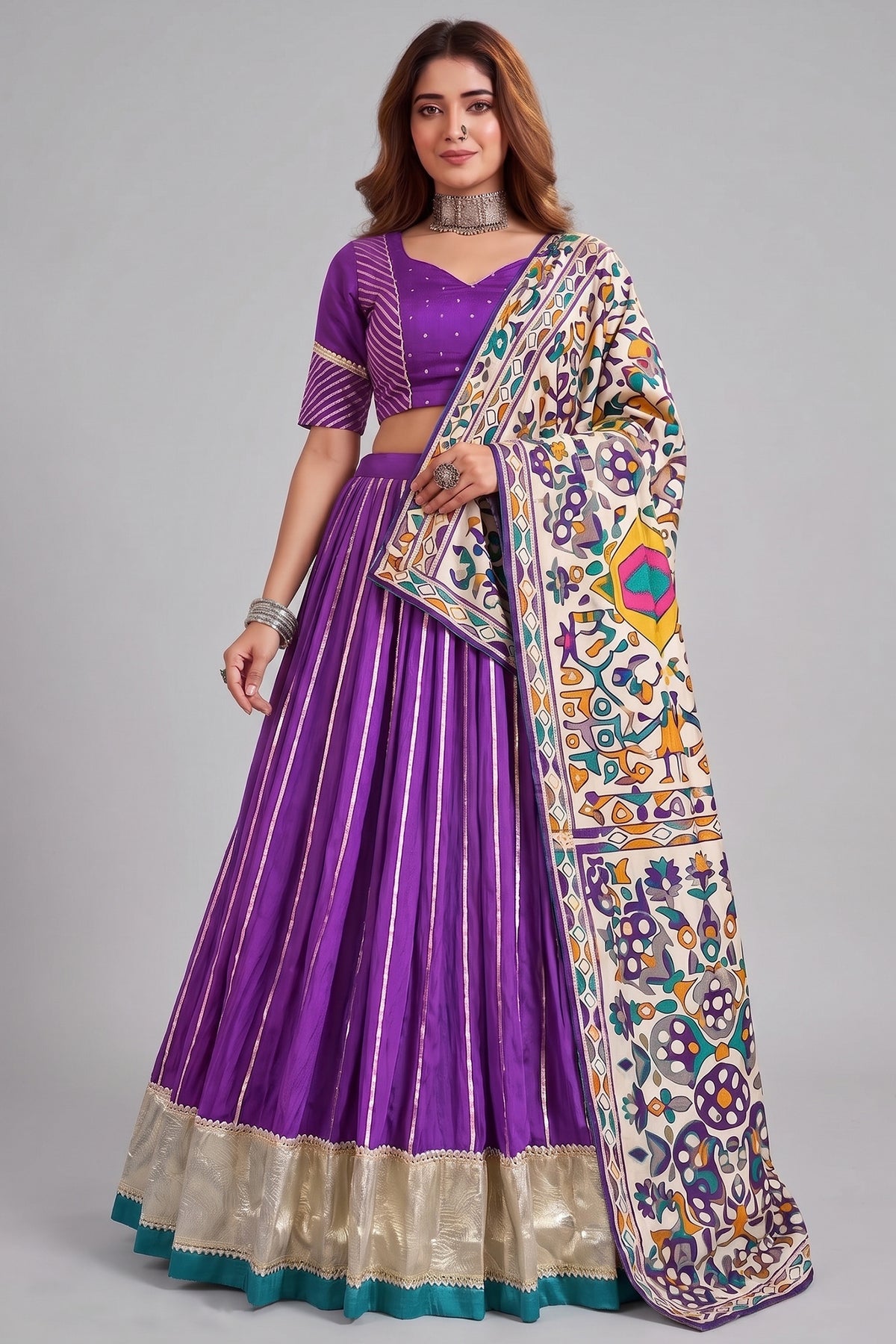 Purple Chanderi Gota Patti Lehenga with Printed Dupatta