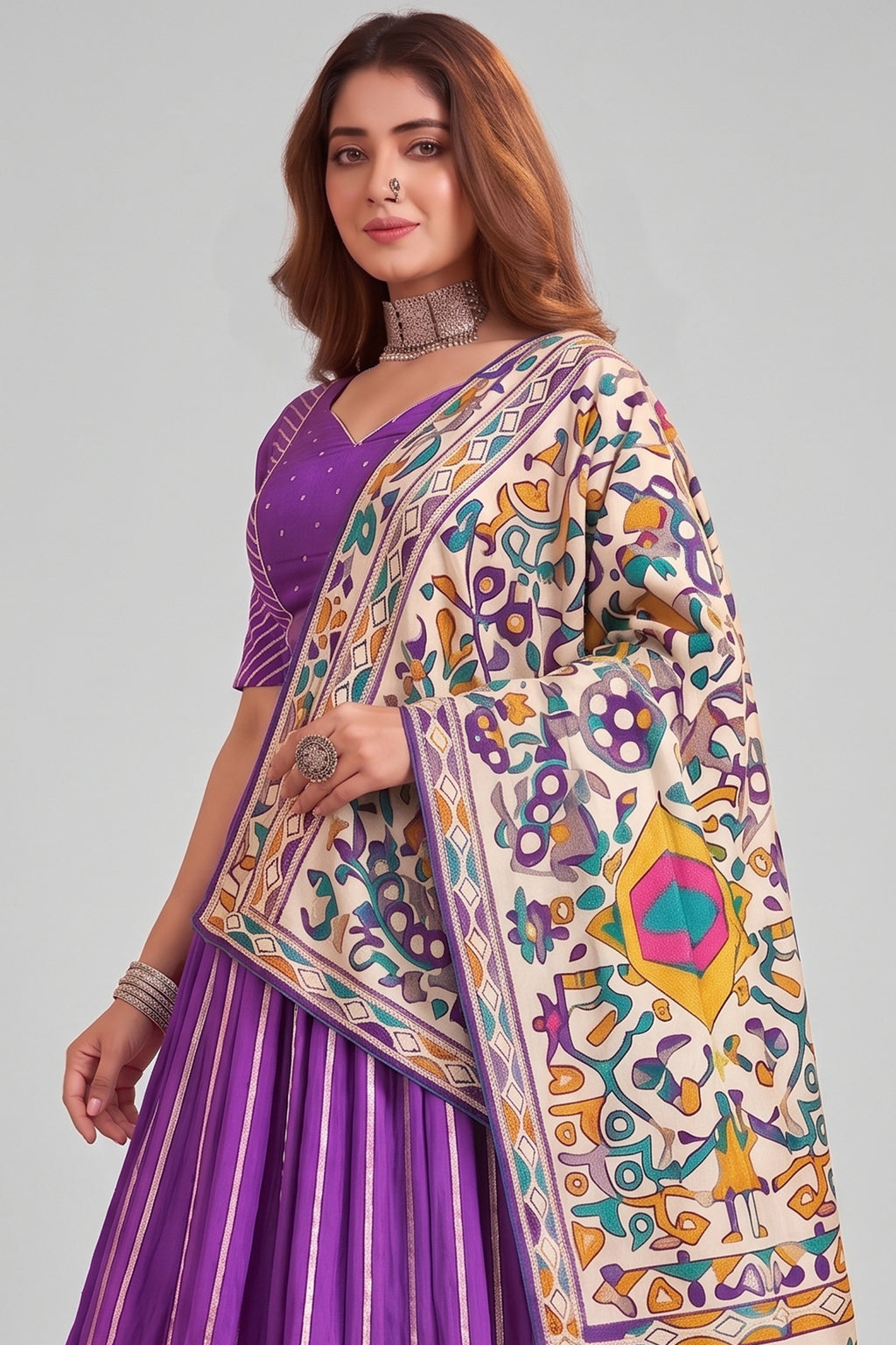 Purple Chanderi Gota Patti Lehenga with Printed Dupatta