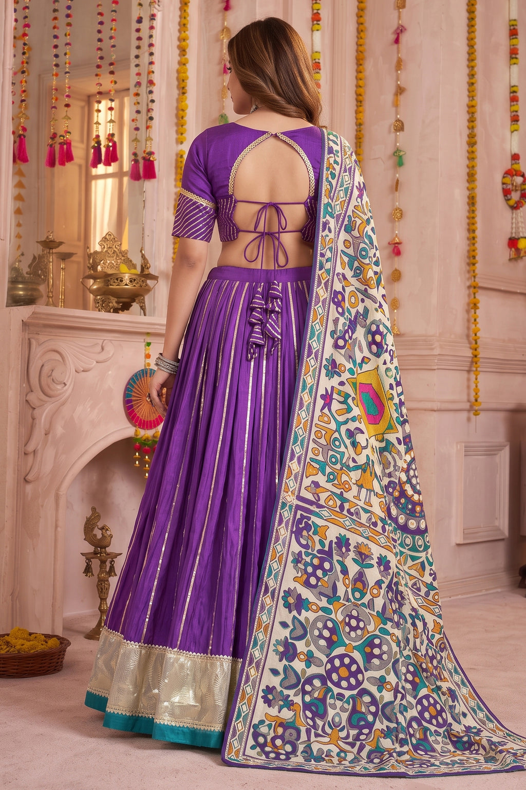 Purple Chanderi Gota Patti Lehenga with Printed Dupatta