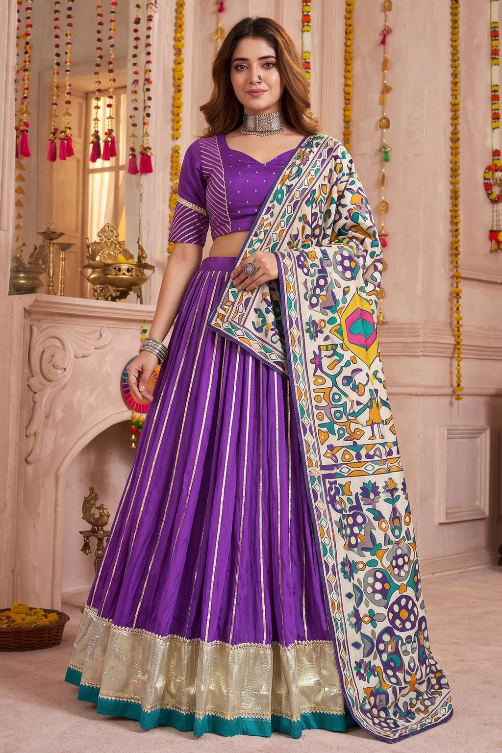 Purple Chanderi Gota Patti Lehenga with Printed Dupatta
